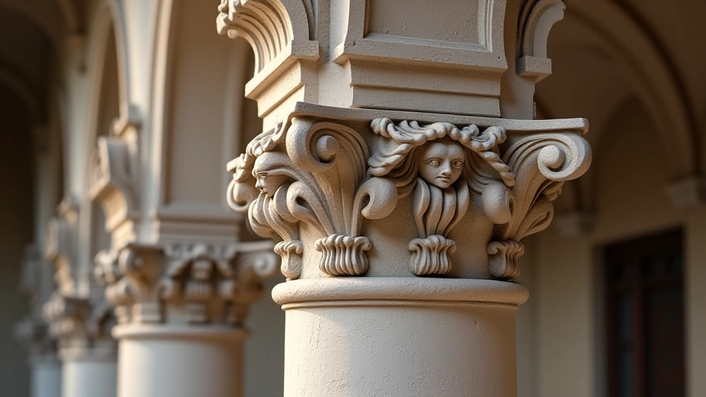 Detali nuotrauka kolonadų ornamentų ir akmeninio grimaizimo, klasikinės detalės