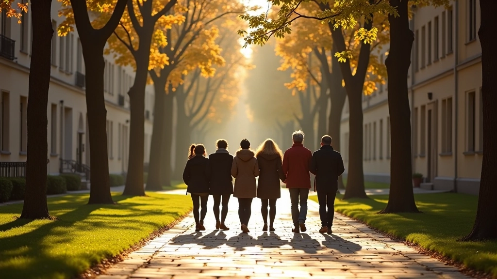 Senjorų grupė pasivaikščioja per universiteto takeliais
