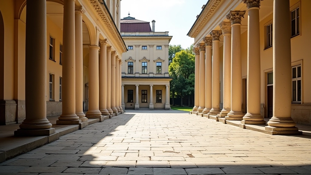Senasis kiemas su grindimis ir klasikinės architektūros stulpais