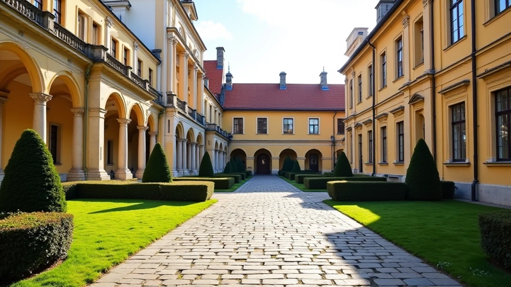 Vilniaus universiteto kiemas su grindimis ir architektūriniais elementais